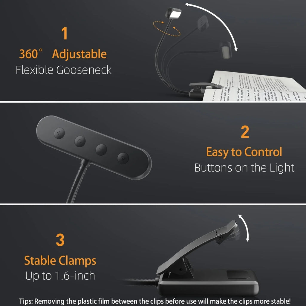 Clip-On Reading Lamp – Flexible USB Rechargeable Book Light with 3 Color Modes