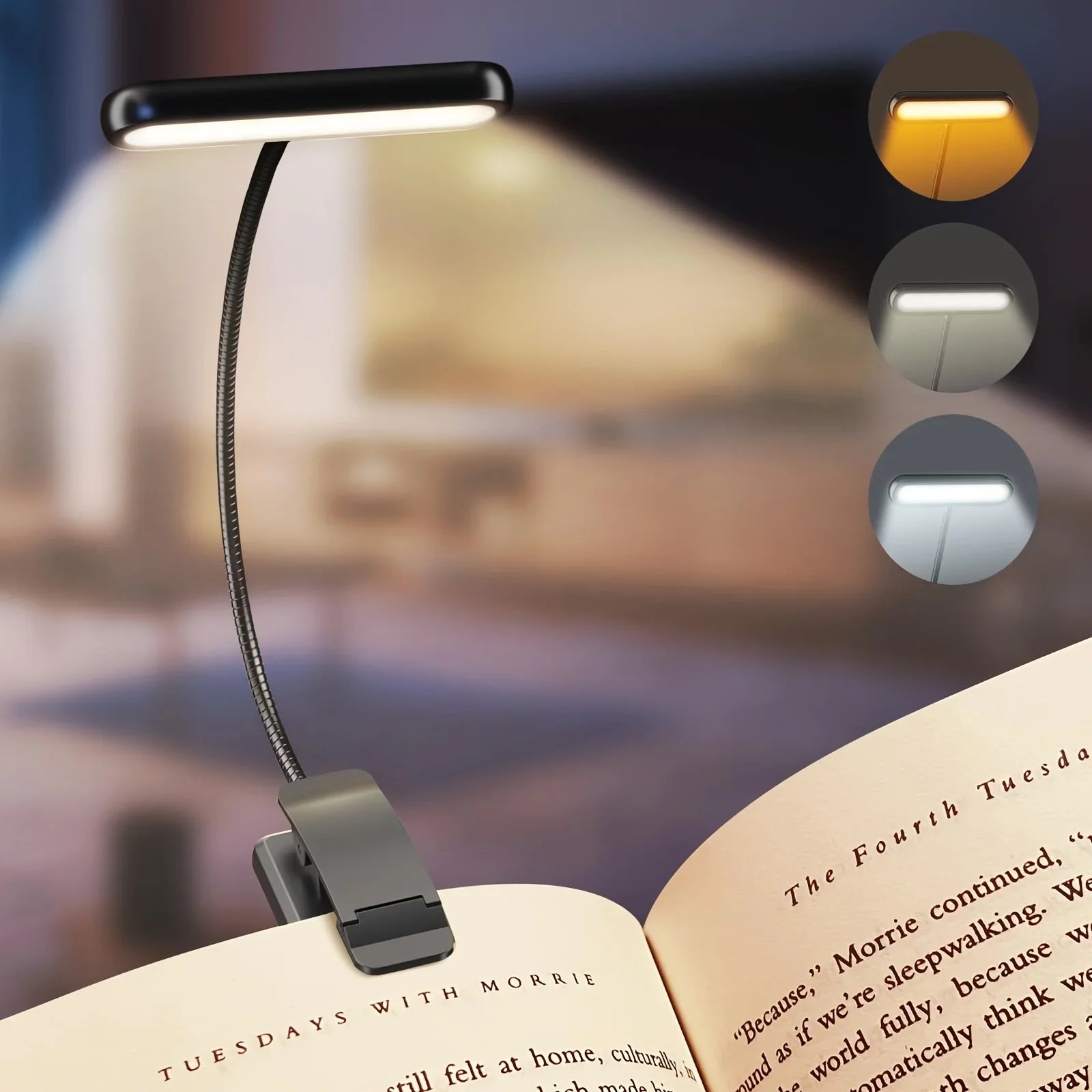 Clip-On Reading Lamp – Flexible USB Rechargeable Book Light with 3 Color Modes