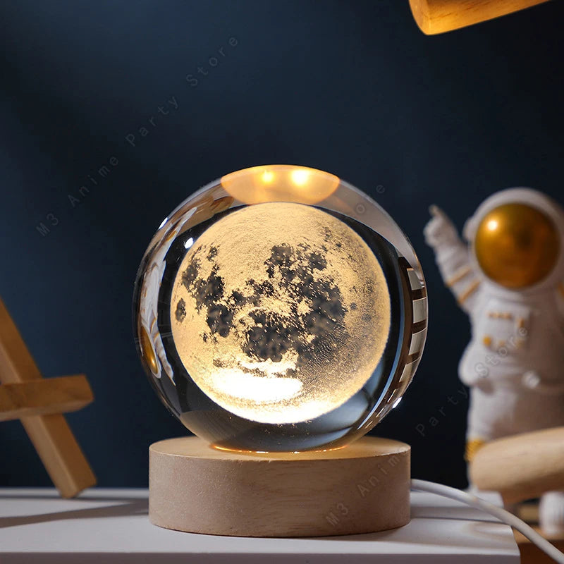 3D Crystal Ball Night Light – Galaxy, Moon & Saturn LED Lamp