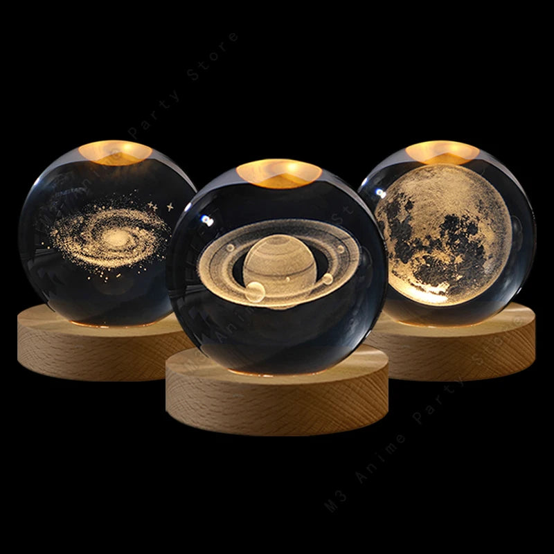 3D Crystal Ball Night Light – Galaxy, Moon & Saturn LED Lamp