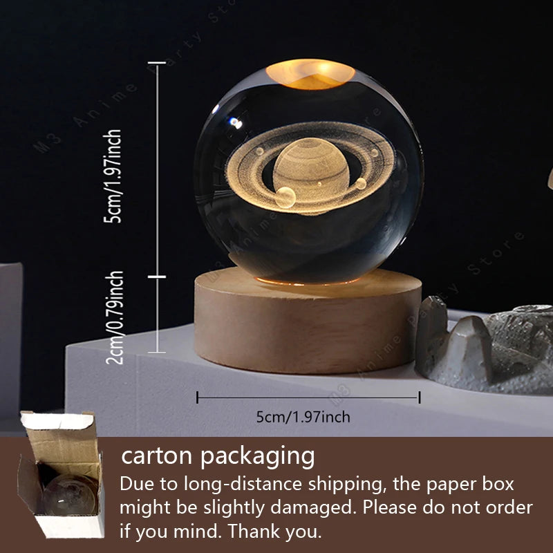 3D Crystal Ball Night Light – Galaxy, Moon & Saturn LED Lamp