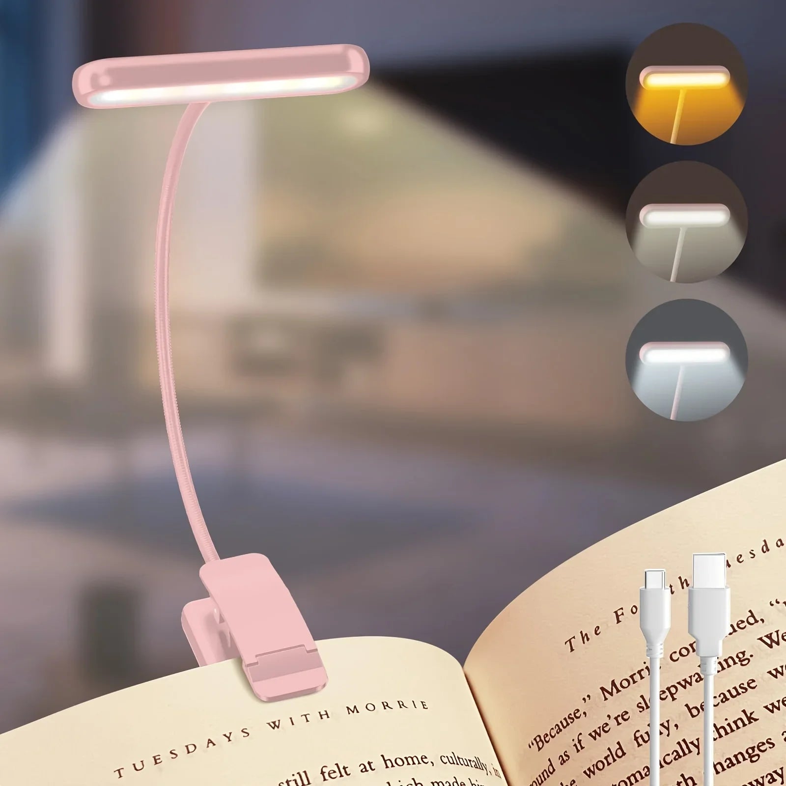 Clip-On Reading Lamp – Flexible USB Rechargeable Book Light with 3 Color Modes