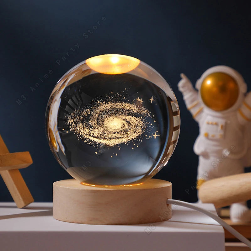3D Crystal Ball Night Light – Galaxy, Moon & Saturn LED Lamp