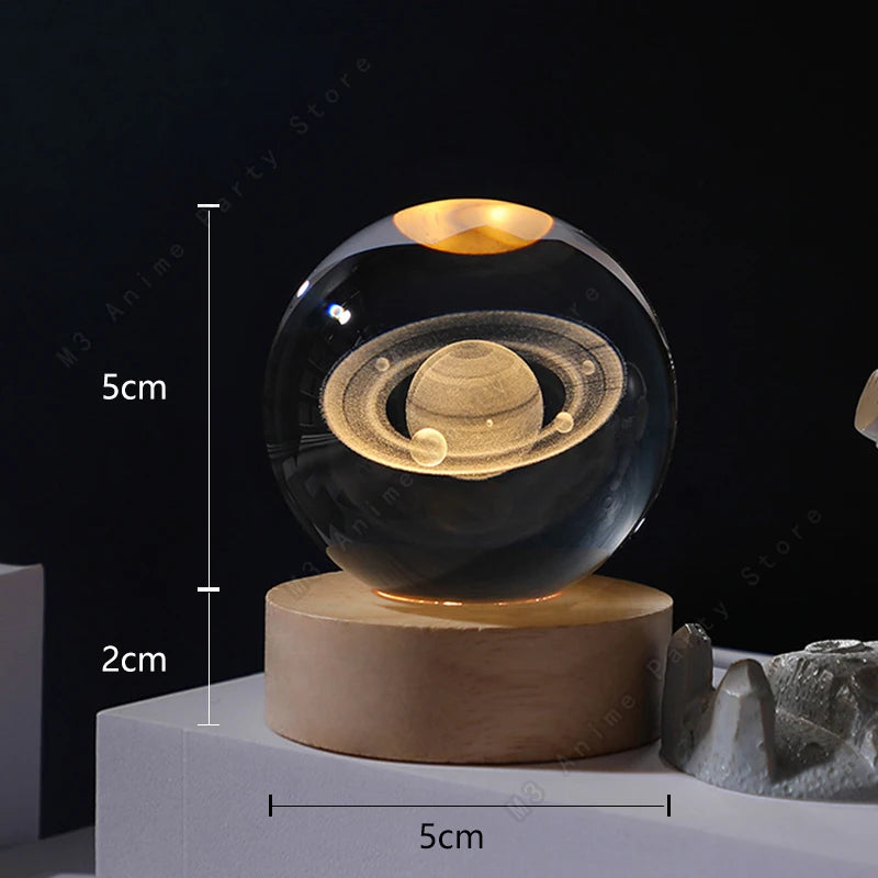 3D Crystal Ball Night Light – Galaxy, Moon & Saturn LED Lamp