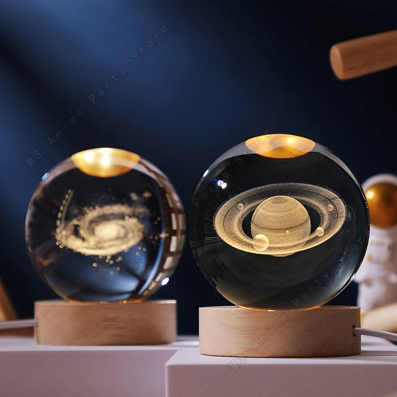 3D Crystal Ball Night Light – Galaxy, Moon & Saturn LED Lamp