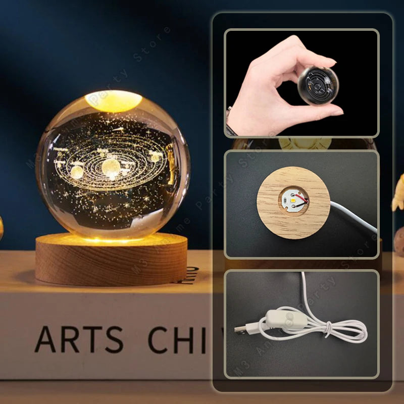 3D Crystal Ball Night Light – Galaxy, Moon & Saturn LED Lamp