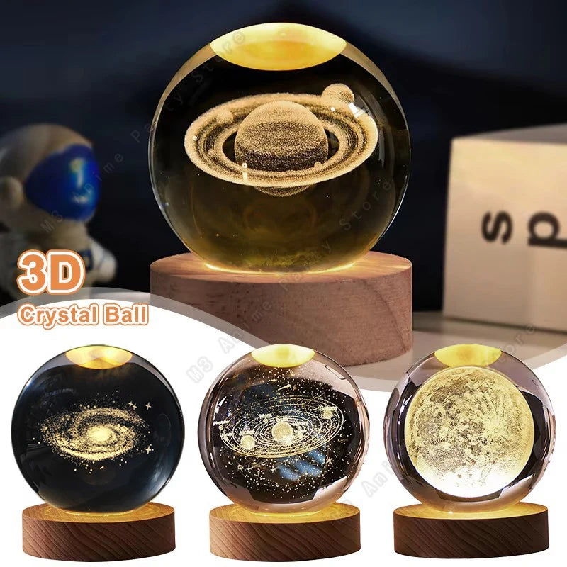 3D Crystal Ball Night Light – Galaxy, Moon & Saturn LED Lamp