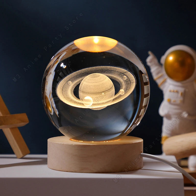 3D Crystal Ball Night Light – Galaxy, Moon & Saturn LED Lamp