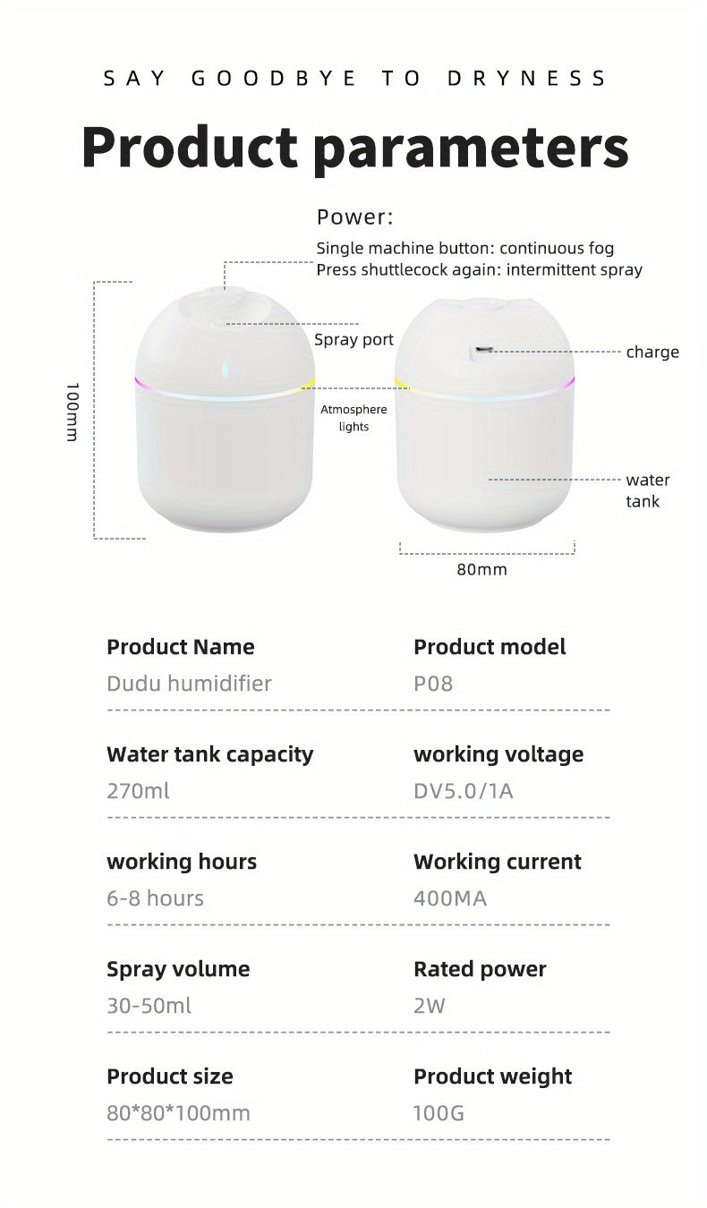 Mini LED Humidifier – Cool Mist Aroma Diffuser with Color-Changing Night Light